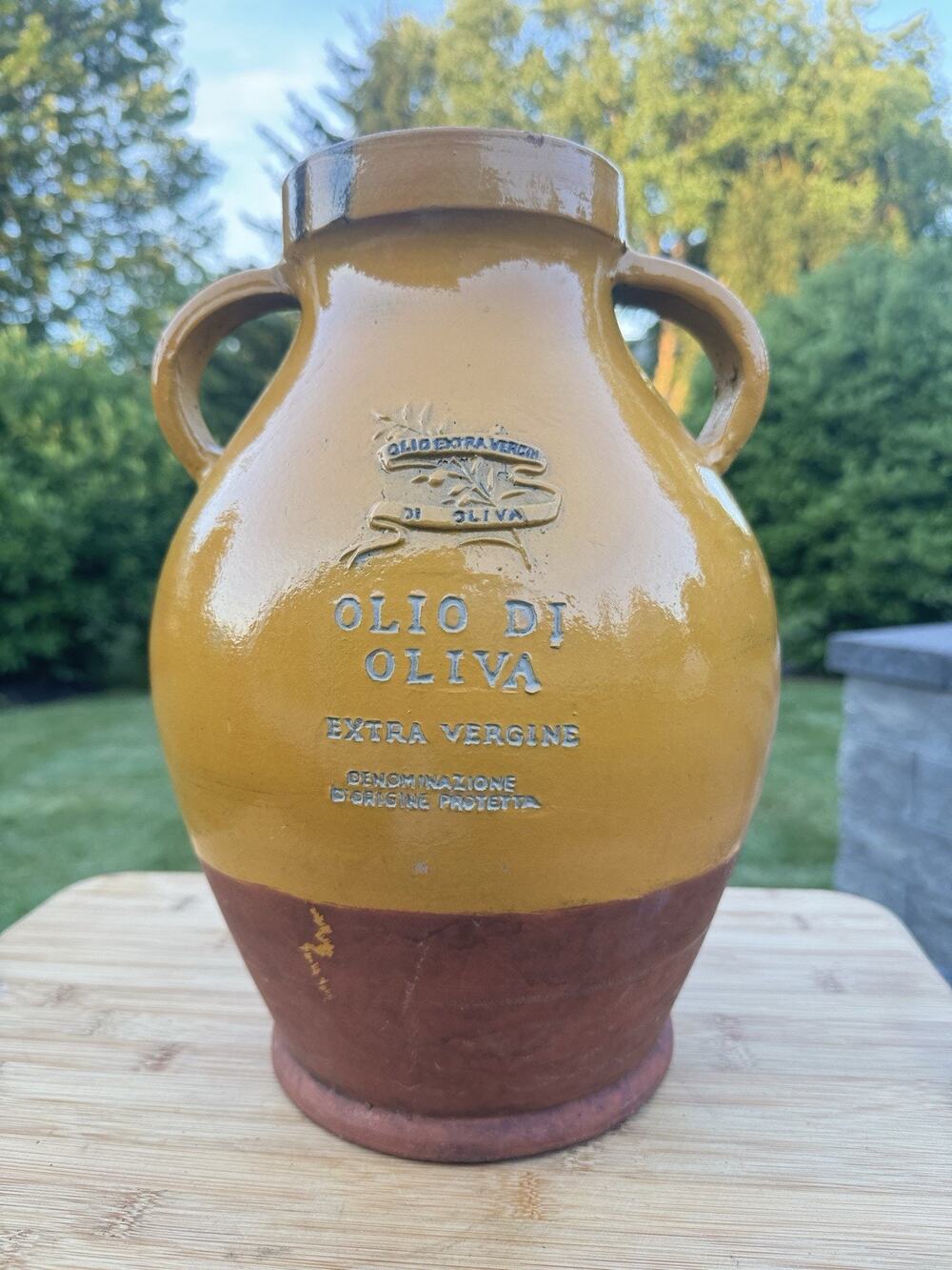 Vintage Italian Olio Di Oliva Large Double Handled Yellow Jar Terracotta Urn 13"